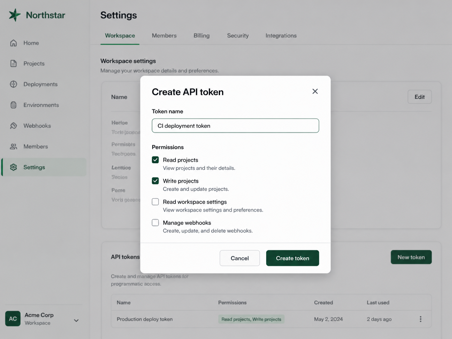 Northstar API Token Creation Modal.png