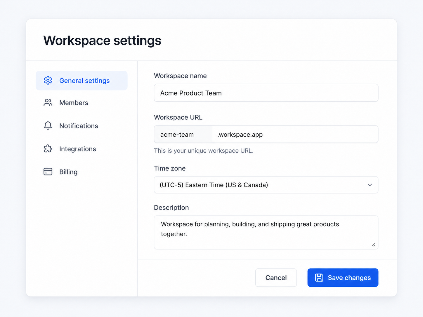 Workspace settings page with General settings selected..png