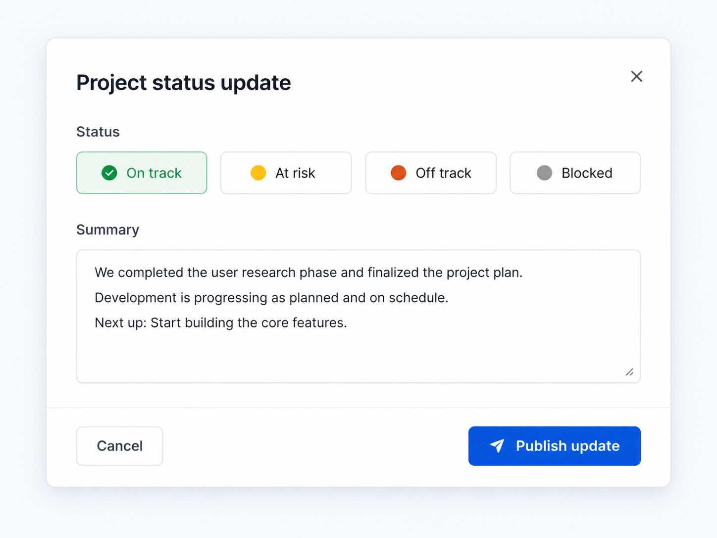 Project status update composer showing status, summary and publish button.png